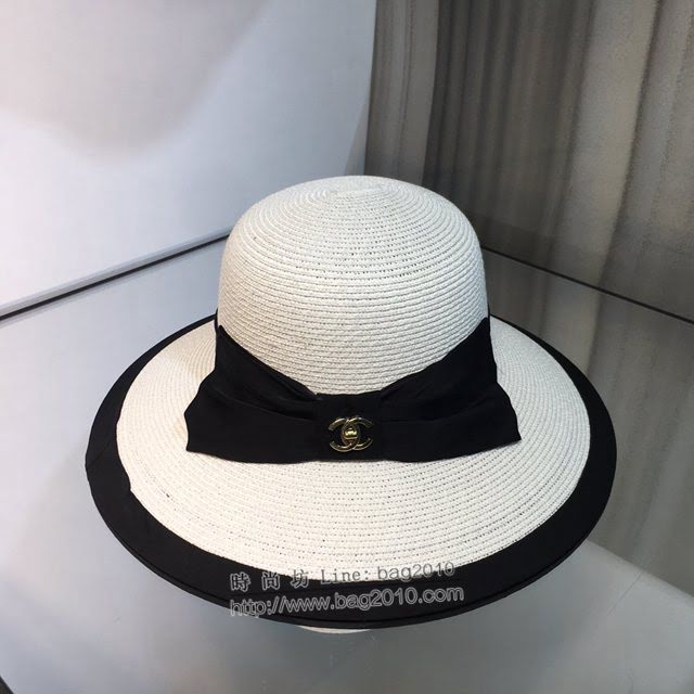 Chanel爆款女士帽子 香奈兒真絲蝴蝶結小香風草帽遮陽帽  mm1499